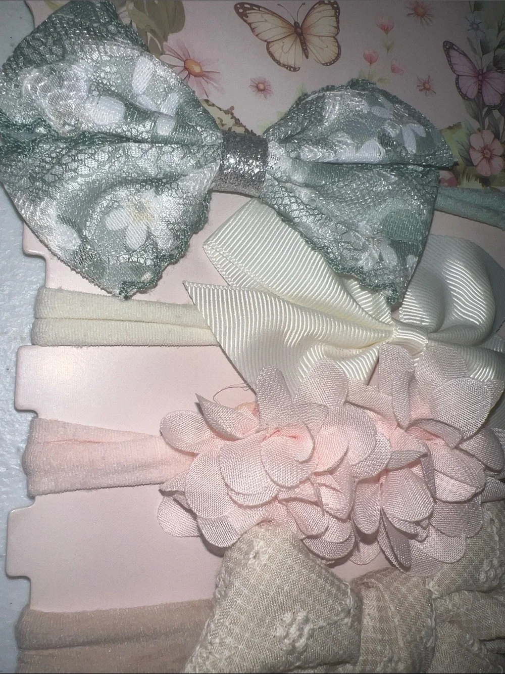 Pastel Girls' Bow & Flower Hair Tie Set - Pink, Cream, Green (6 pcs)